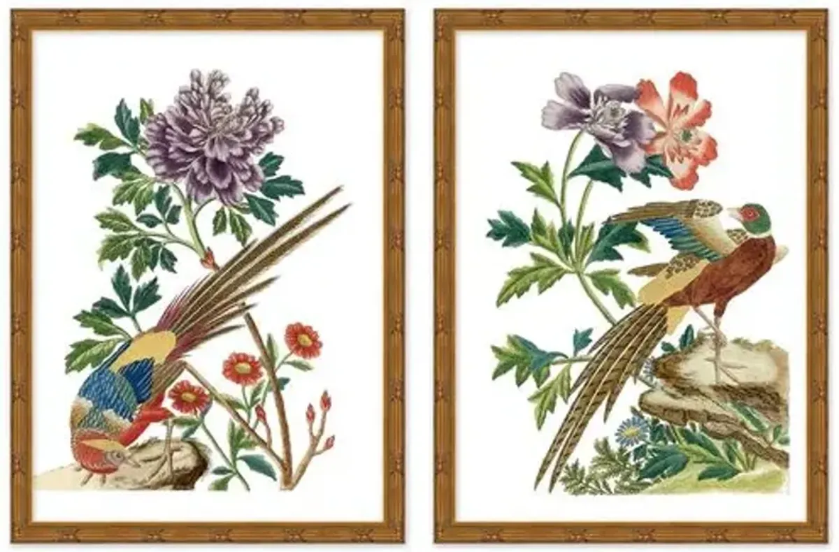 Set of 2 Multicolor Chinoiserie Birds Set - Beige