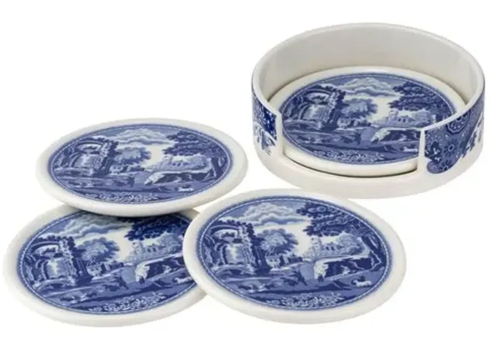 Spode Blue Italian 4 Piece Ceramic Coasters with Holder