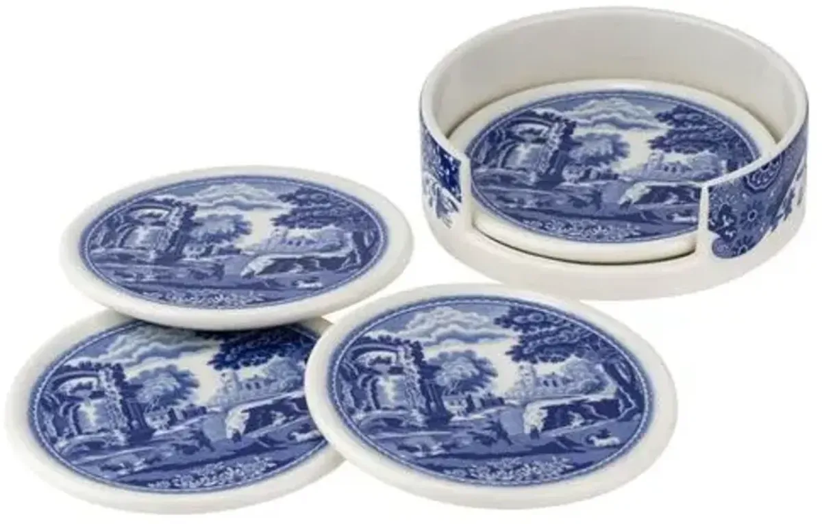 Spode Blue Italian 4 Piece Ceramic Coasters with Holder