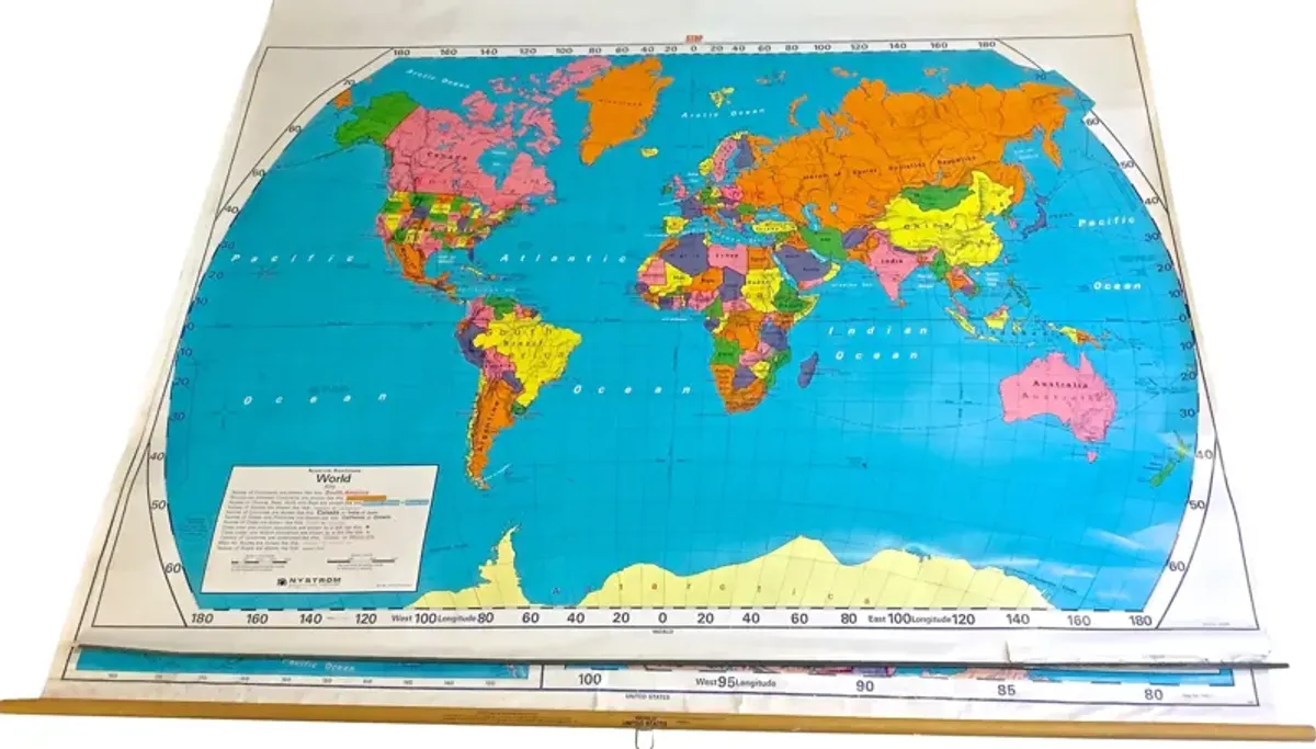 School World & US Pull Down Maps - Vermilion Designs - Blue