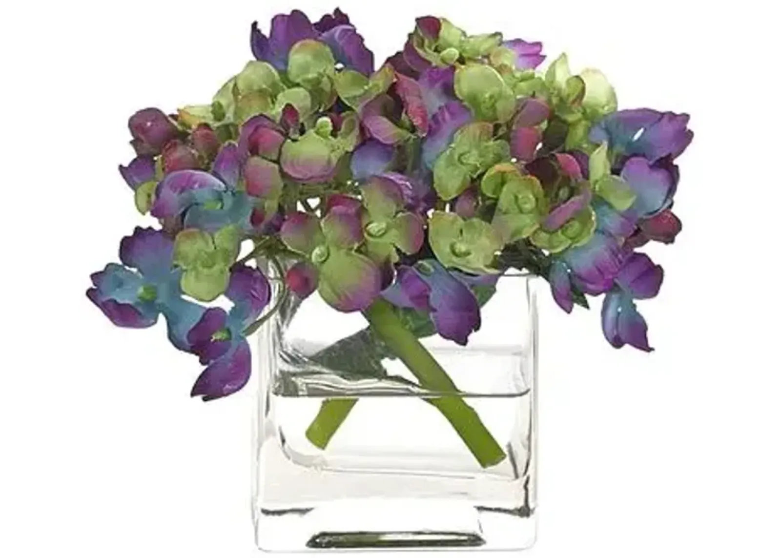 Hydrangea in Cube Vase - Faux - NDI - Handcrafted - Purple