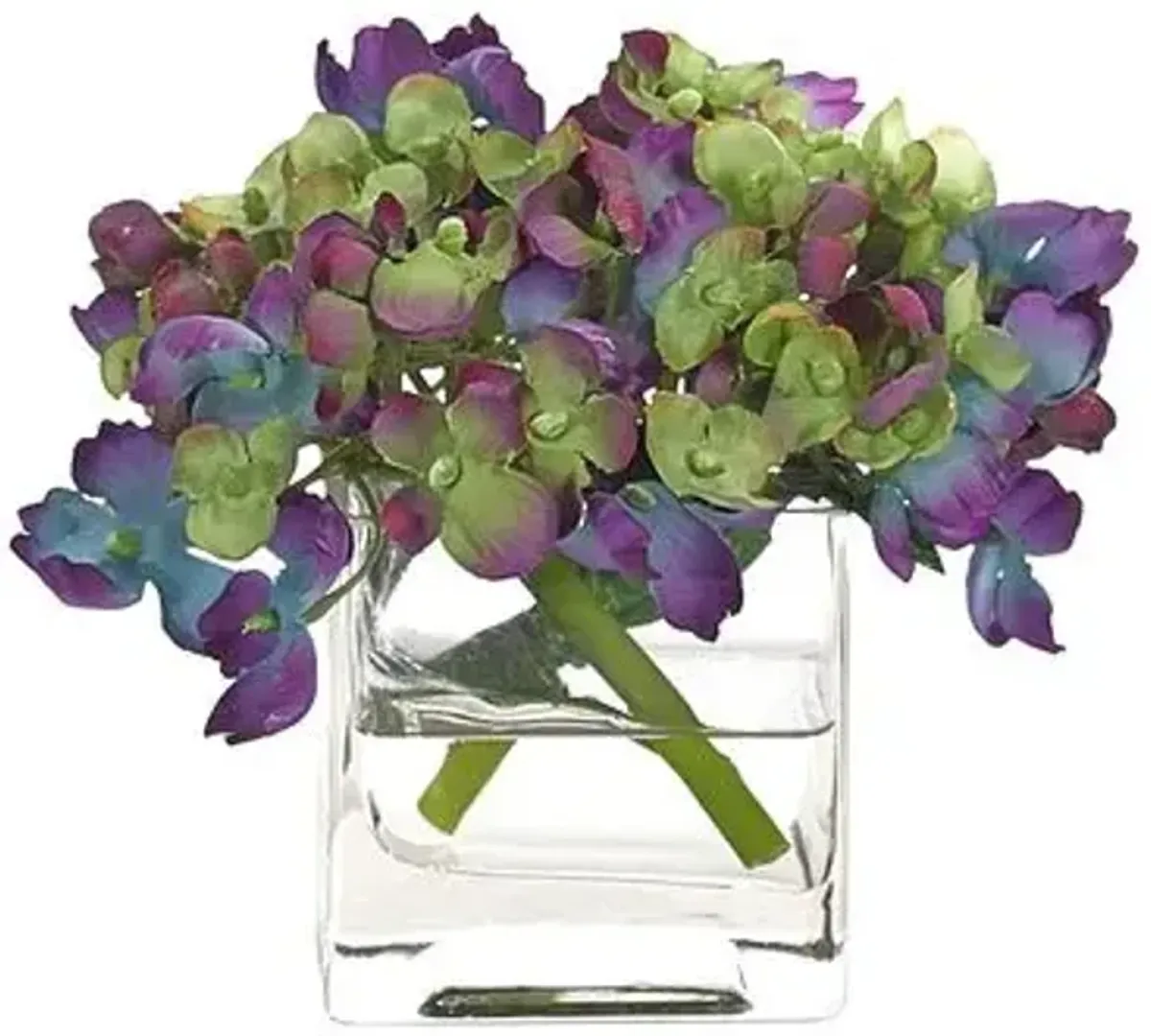 Hydrangea in Cube Vase - Faux - NDI - Handcrafted - Purple