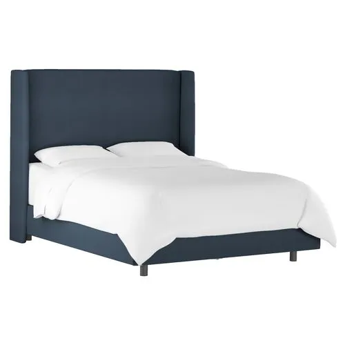 Kelly Velvet Wingback Bed - Handcrafted - Blue, Mattress, Box Spring Required