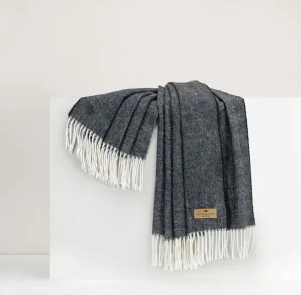 Herringbone Throw - Lands Downunder - Gray - Lightweight, Soft, Warm, Fringed