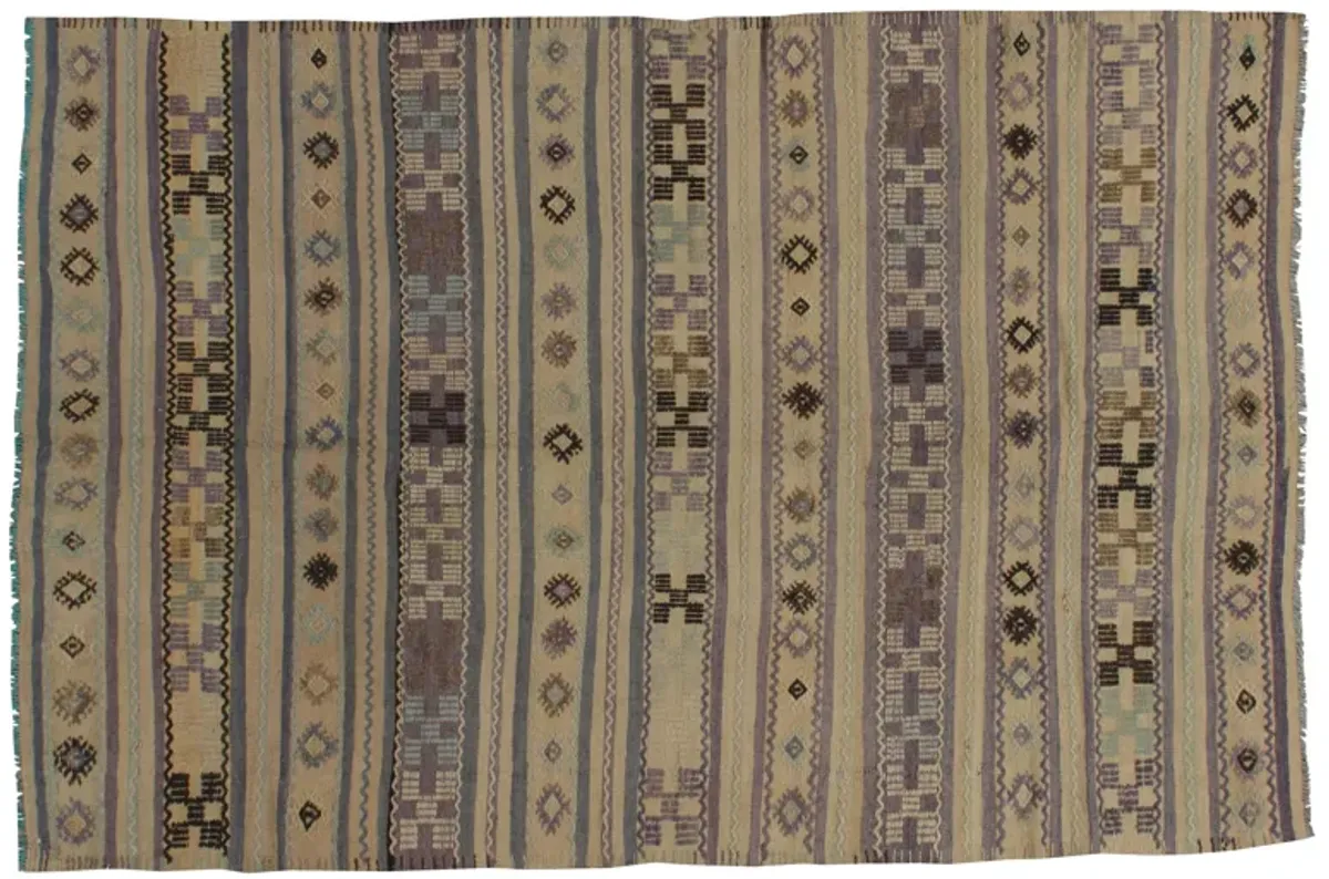 Turkish Jajim Kilim Rug - 5'1" x 7'8" - Beige - Beige