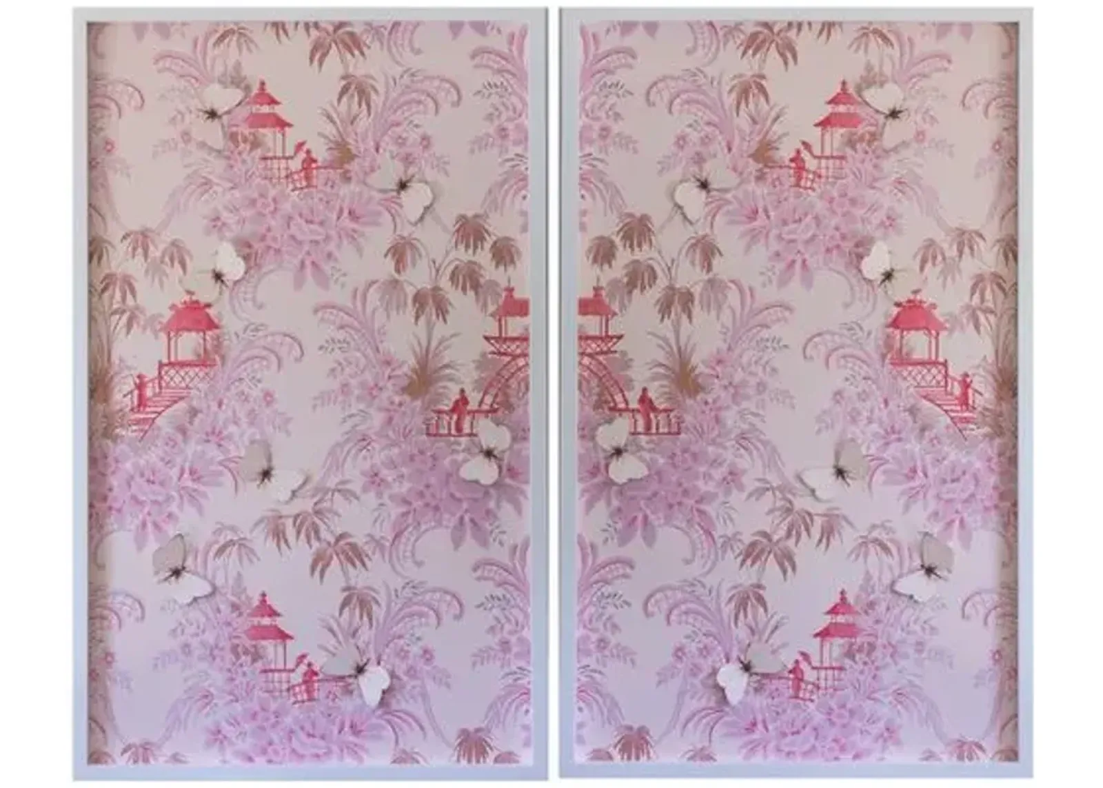 Dawn Wolfe - Pink Pagoda Vintage Wallpaper Diptych - Dawn Wolfe Design - White - Ready To Hang