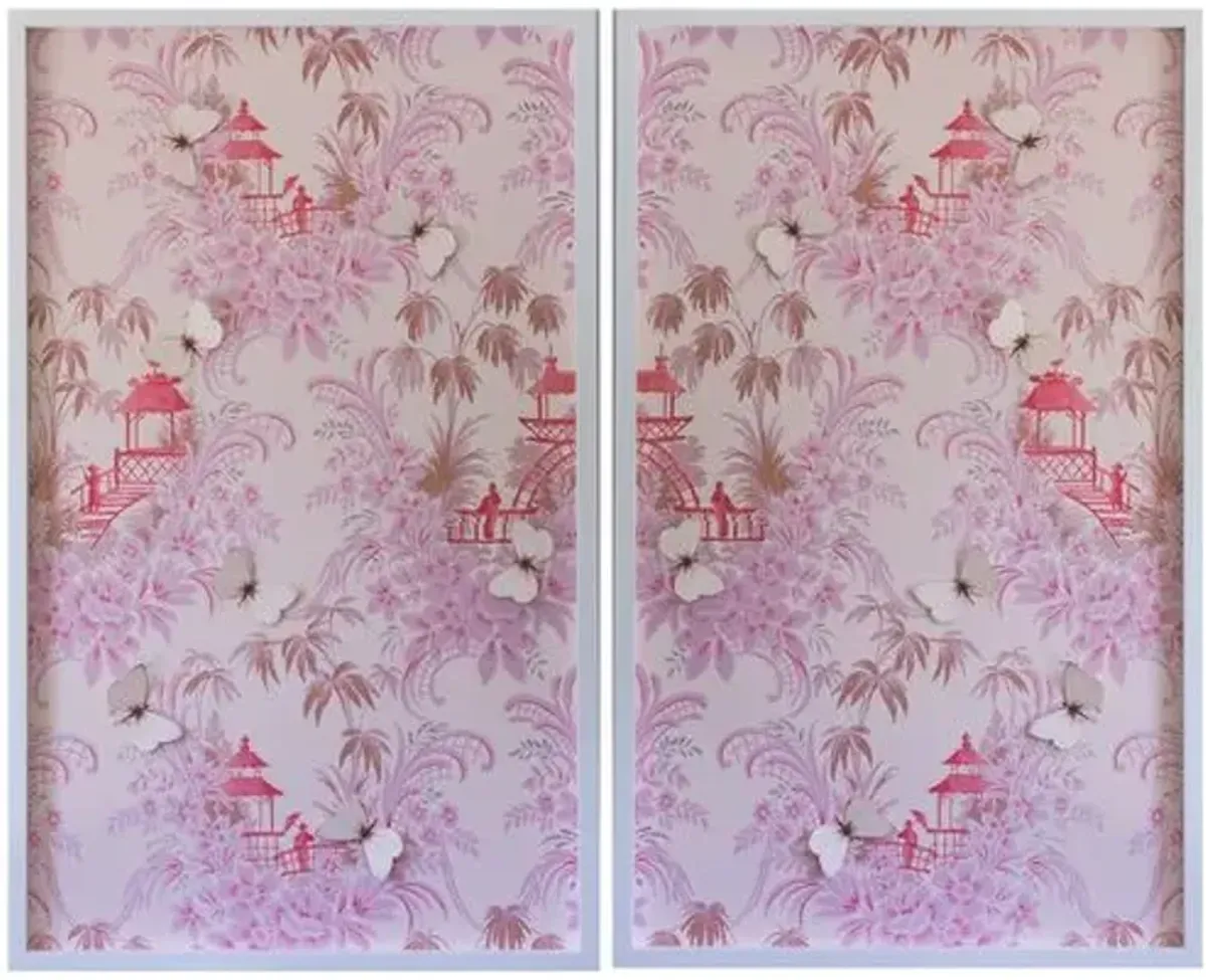 Dawn Wolfe - Pink Pagoda Vintage Wallpaper Diptych - Dawn Wolfe Design - White - Ready To Hang