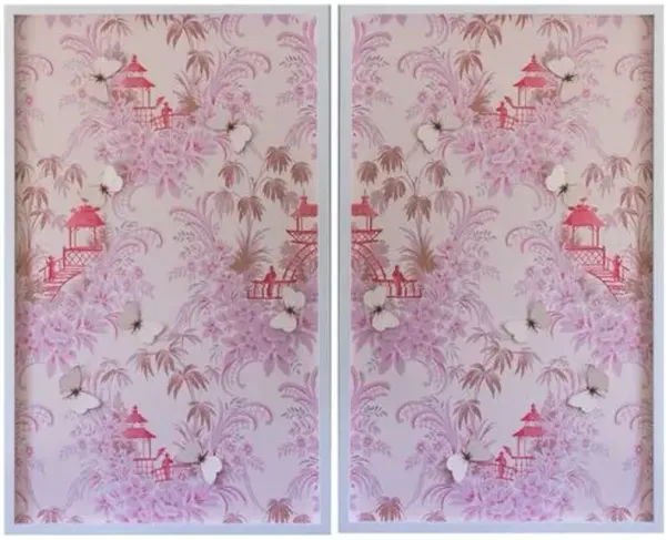 Dawn Wolfe - Pink Pagoda Vintage Wallpaper Diptych - Dawn Wolfe Design - White - Ready To Hang