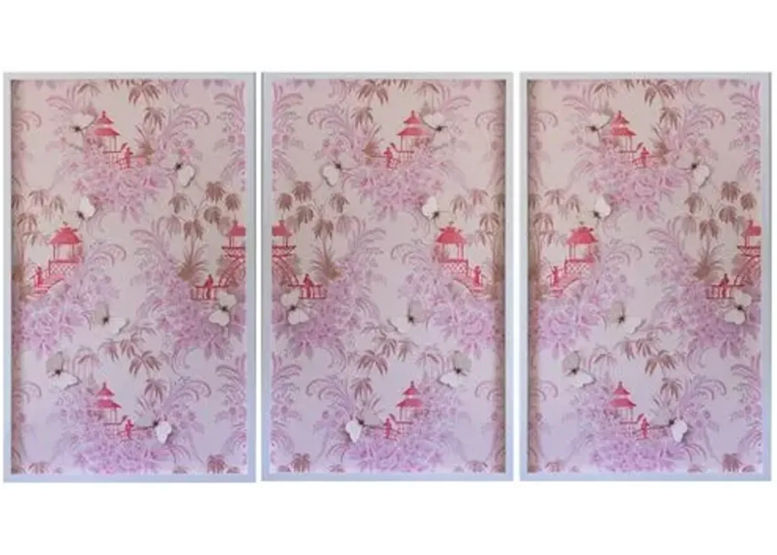 Dawn Wolfe - Pink Pagoda Vintage Wallpaper Triptych - Dawn Wolfe Design - White - Ready To Hang