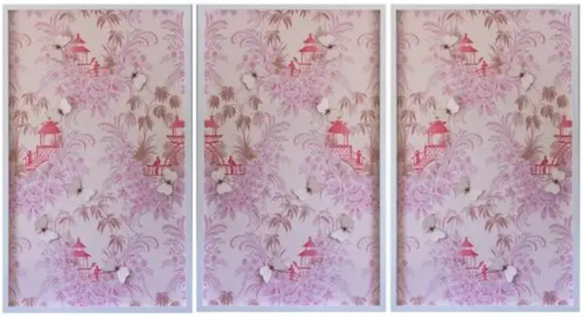 Dawn Wolfe - Pink Pagoda Vintage Wallpaper Triptych - Dawn Wolfe Design - White - Ready To Hang