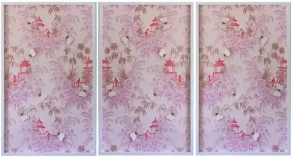 Dawn Wolfe - Pink Pagoda Vintage Wallpaper Triptych - Dawn Wolfe Design - White - Ready To Hang