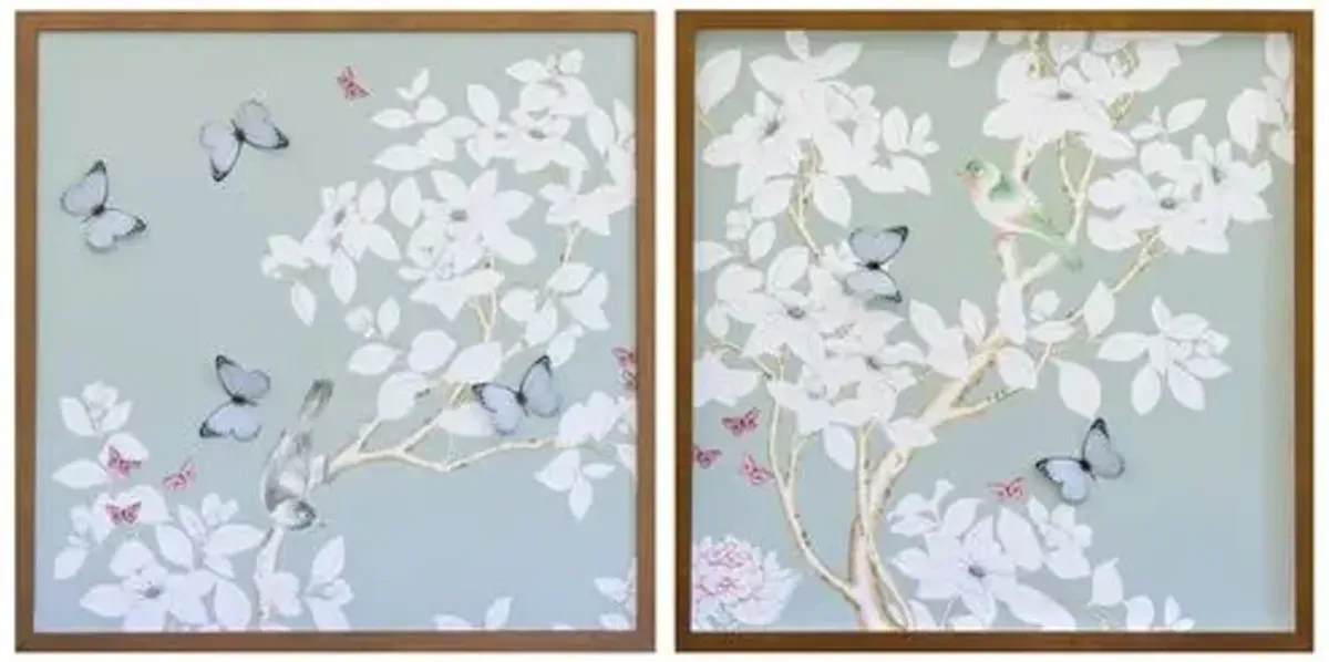 Dawn Wolfe - Pale Gray/Green Chinoiserie Diptych - Dawn Wolfe Design - Brown