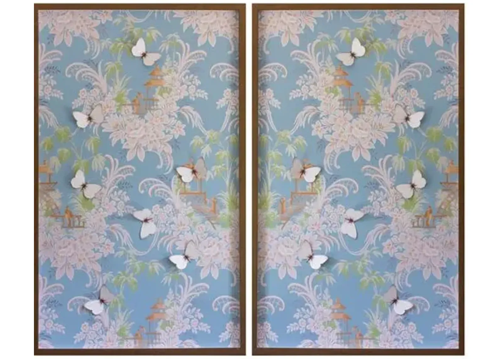 Dawn Wolfe - Blue & Pink Pagoda Wallpaper Diptych - Dawn Wolfe Design - White - Ready To Hang