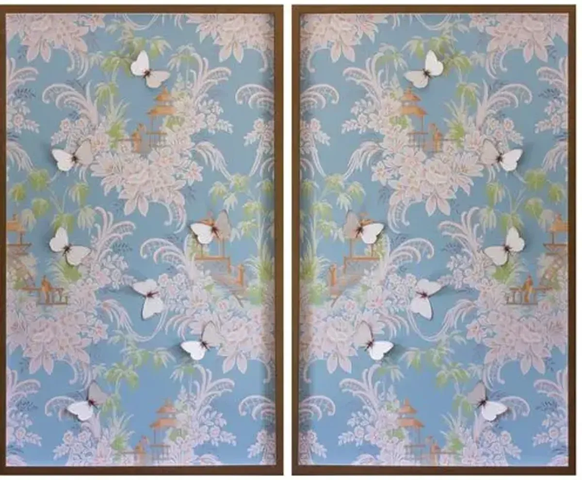 Dawn Wolfe - Blue & Pink Pagoda Wallpaper Diptych - Dawn Wolfe Design - White - Ready To Hang