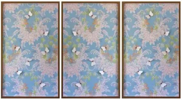 Dawn Wolfe - Blue & Pink Pagoda Wallpaper Triptych - Dawn Wolfe Design - White - Ready To Hang