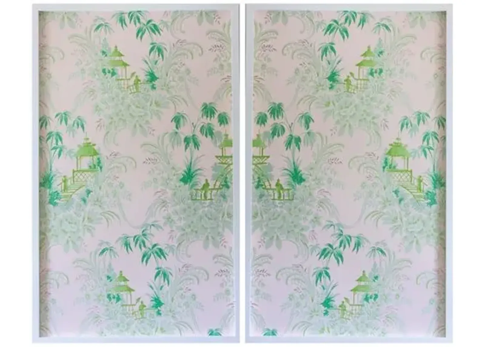 Dawn Wolfe - Pale Green Pagoda Wallpaper Diptych - Dawn Wolfe Design - White - Ready To Hang