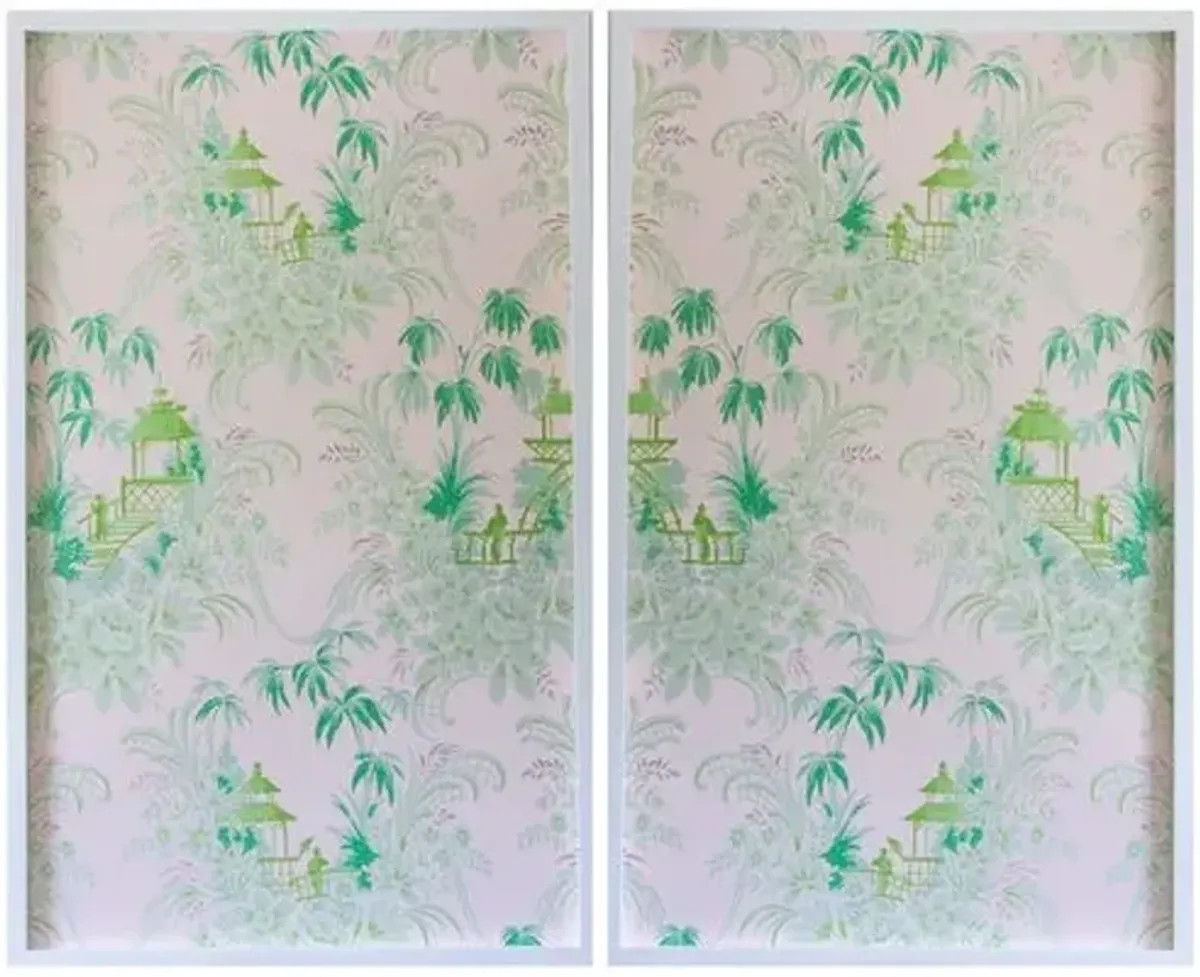 Dawn Wolfe - Pale Green Pagoda Wallpaper Diptych - Dawn Wolfe Design - White - Ready To Hang