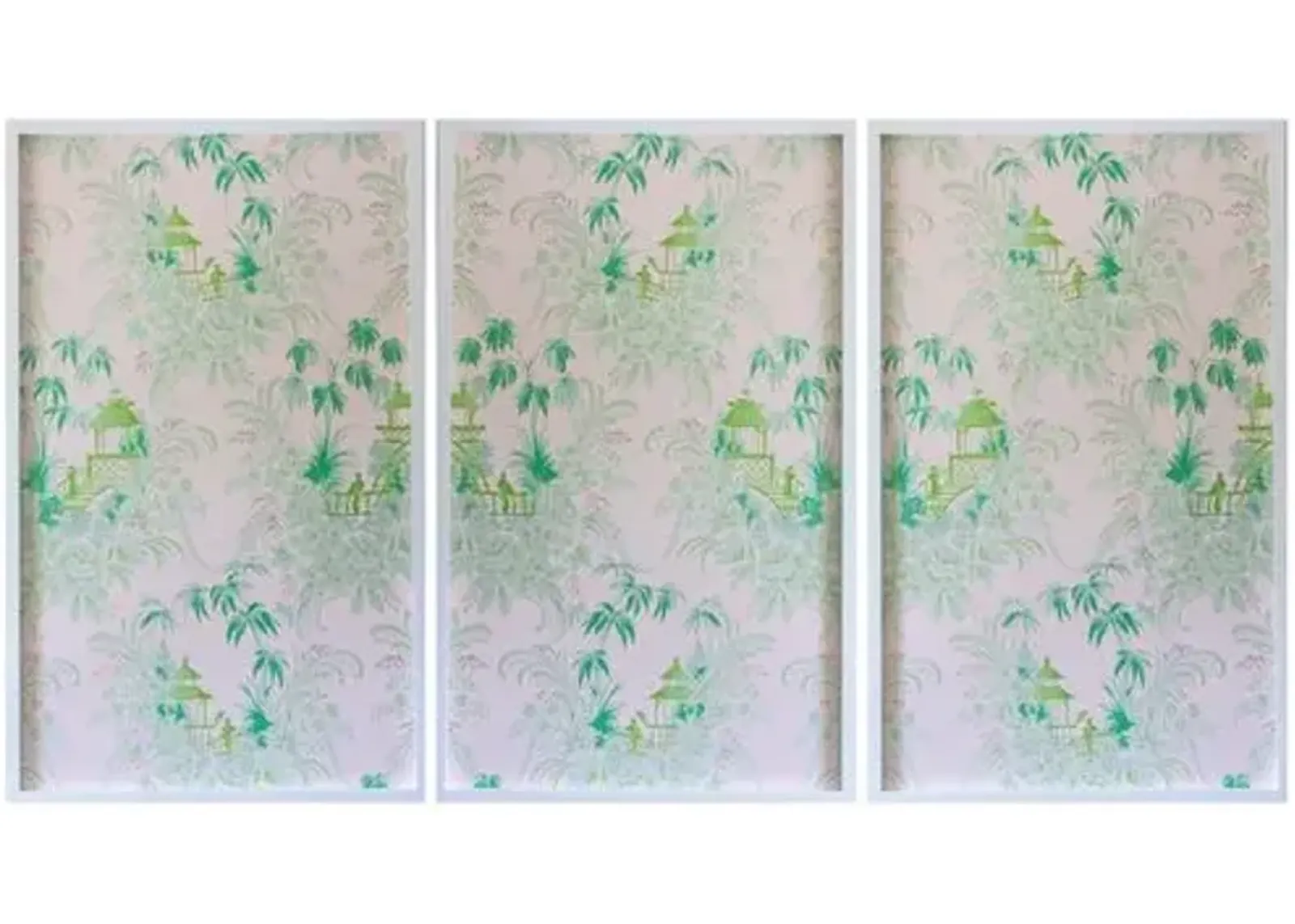 Dawn Wolfe - Pale Green Pagoda Wallpaper Triptych - Dawn Wolfe Design - White - Ready To Hang