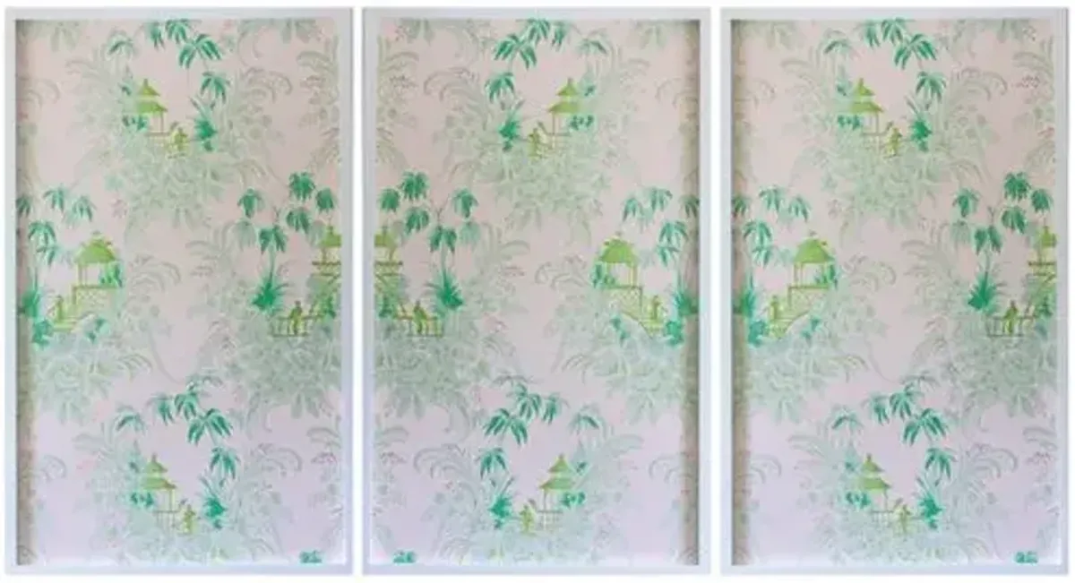 Dawn Wolfe - Pale Green Pagoda Wallpaper Triptych - Dawn Wolfe Design - White - Ready To Hang