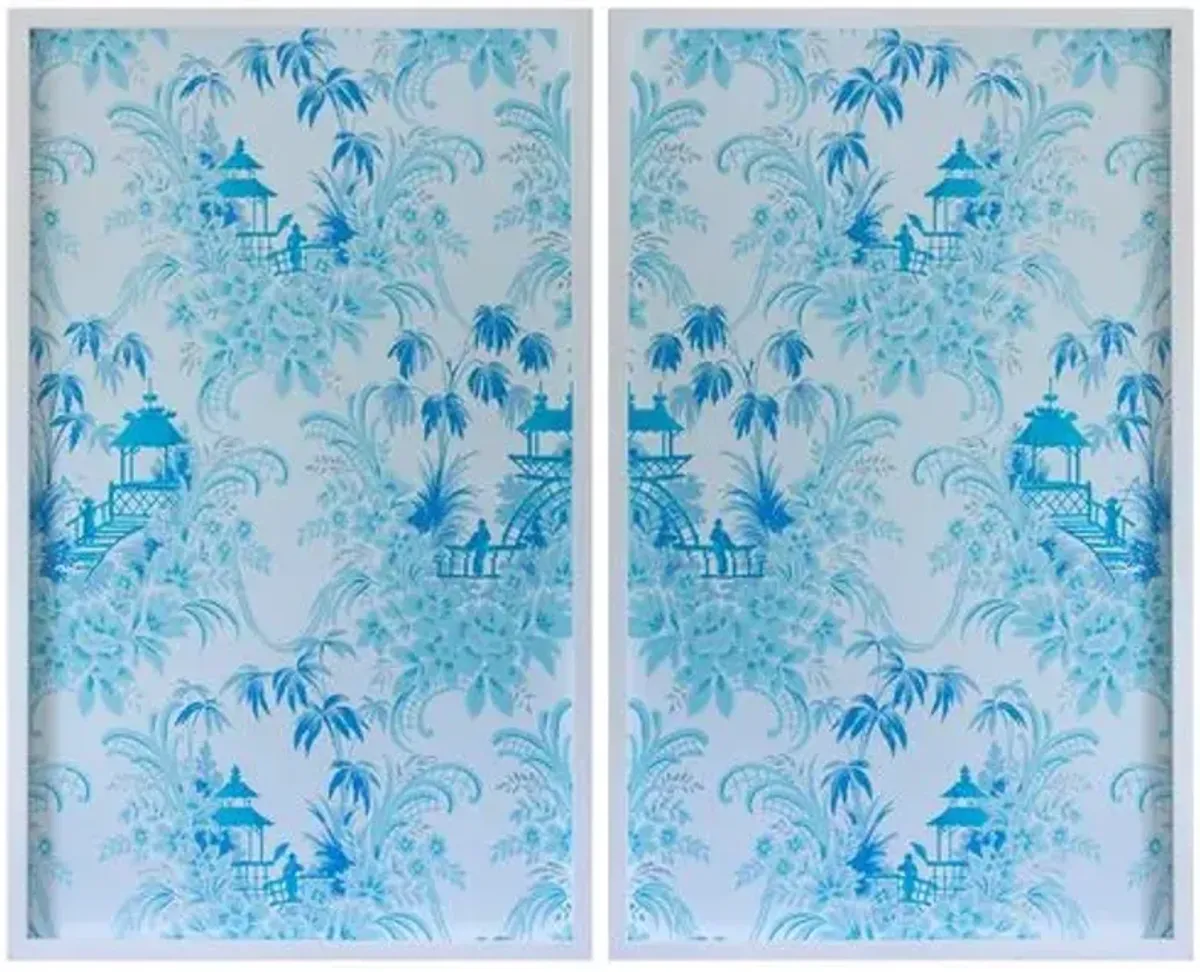 Dawn Wolfe - Pale Blue Pagoda Wallpaper Diptych - Dawn Wolfe Design - White - Ready To Hang