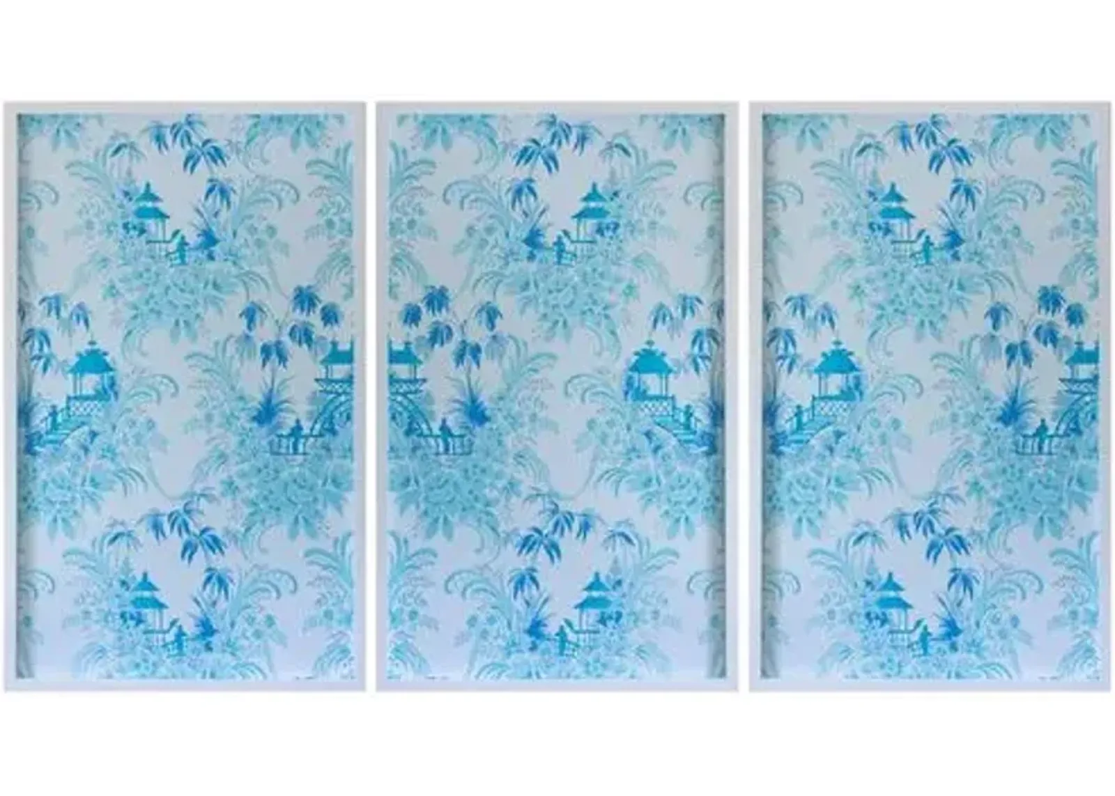 Dawn Wolfe - Pale Blue Pagoda Wallpaper Triptych - Dawn Wolfe Design - White - Ready To Hang