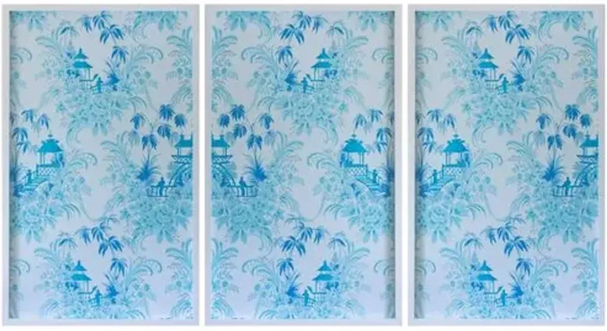 Dawn Wolfe - Pale Blue Pagoda Wallpaper Triptych - Dawn Wolfe Design - White - Ready To Hang