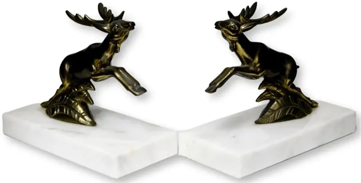 Midcentury Brass & Marble Deer Bookends - Rose Victoria - Gold