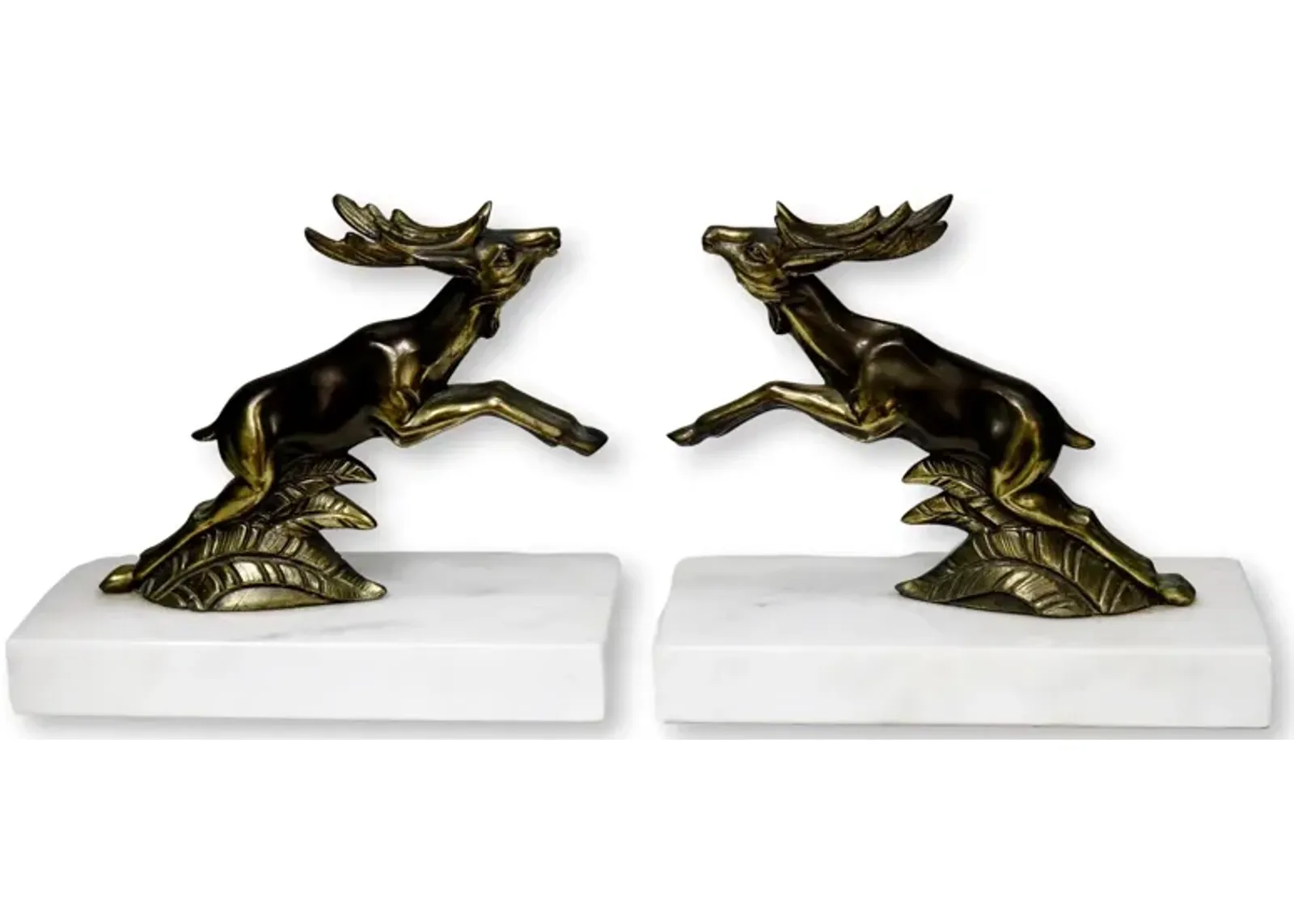 Midcentury Brass & Marble Deer Bookends - Rose Victoria - Gold