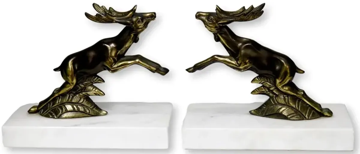 Midcentury Brass & Marble Deer Bookends - Rose Victoria - Gold