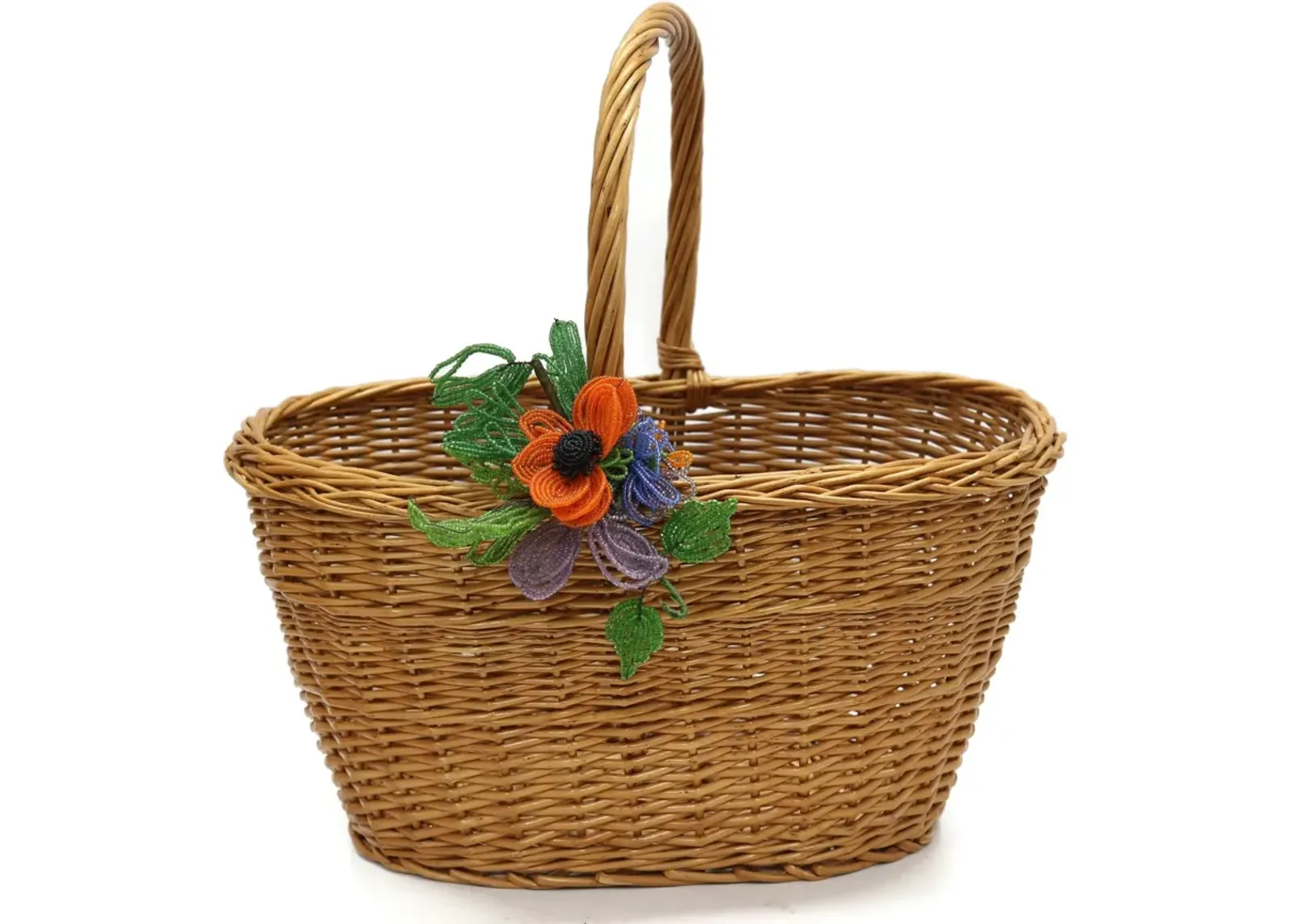 Midcentury French Wicker Market Basket - Rose Victoria - Brown