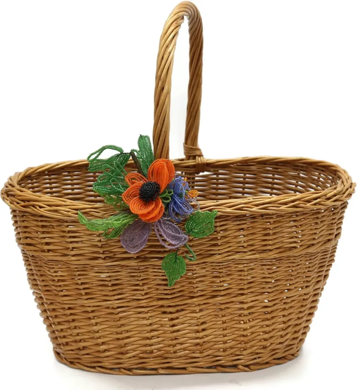 Midcentury French Wicker Market Basket - Rose Victoria - Brown