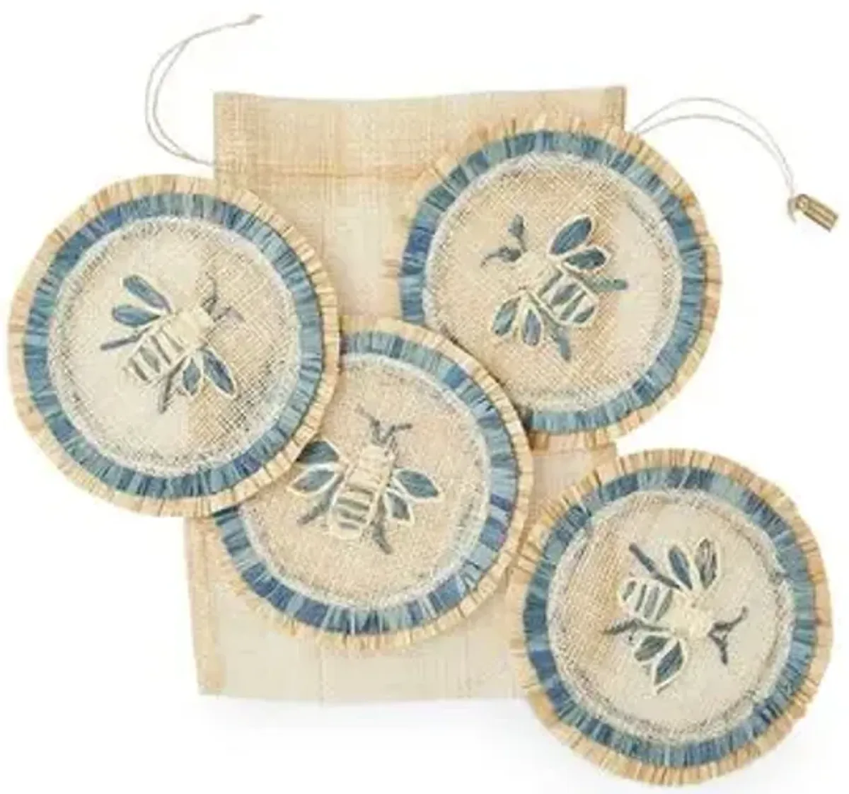 Set of 4 Bee Straw Coasters - Natural/Blue - Joanna Buchanan