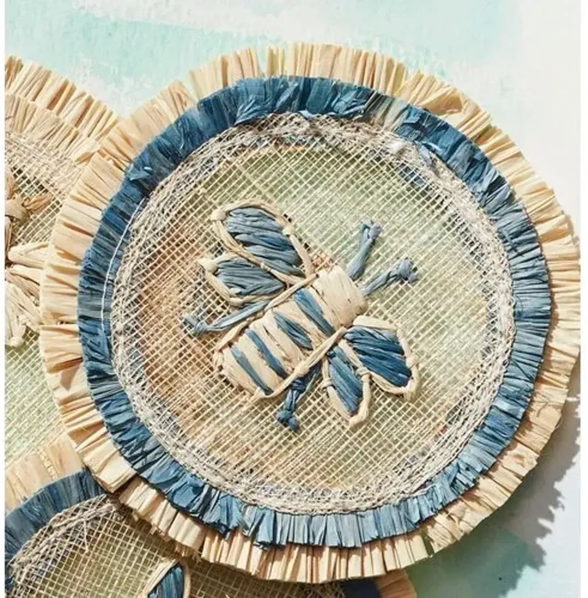 Set of 4 Bee Straw Coasters - Natural/Blue - Joanna Buchanan