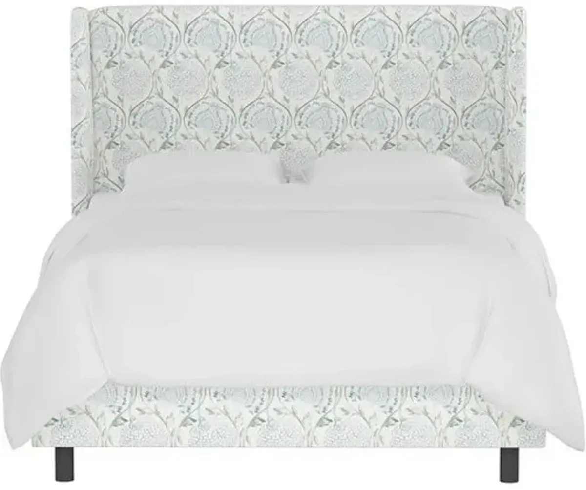 Kelly Wingback Bed - Ranjit Floral - Handcrafted - Green, Mattress, Box Spring Required