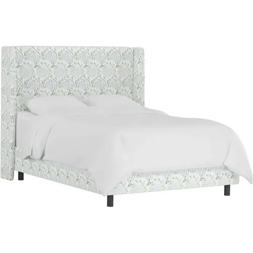 Kelly Wingback Bed - Ranjit Floral - Handcrafted - Green, Mattress, Box Spring Required