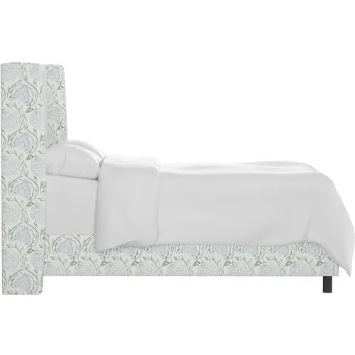 Kelly Wingback Bed - Ranjit Floral - Handcrafted - Green, Mattress, Box Spring Required