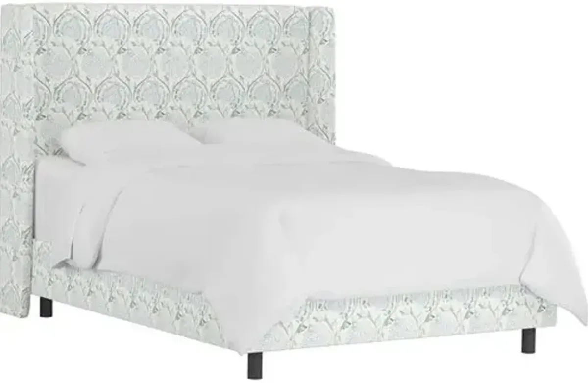 Kelly Wingback Bed - Ranjit Floral - Handcrafted - Green, Mattress, Box Spring Required