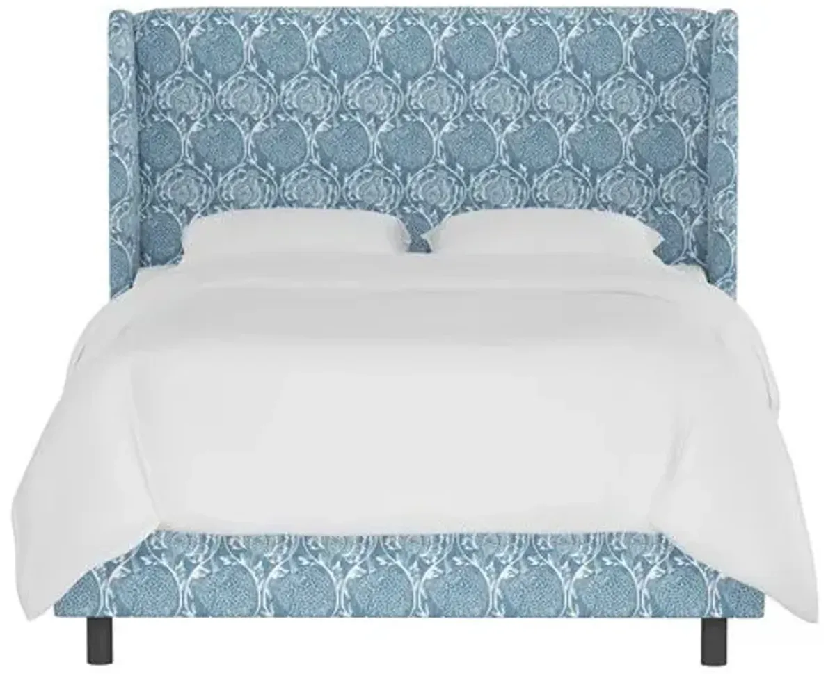 Kelly Wingback Bed - Ranjit Floral - Handcrafted - Blue, Mattress, Box Spring Required