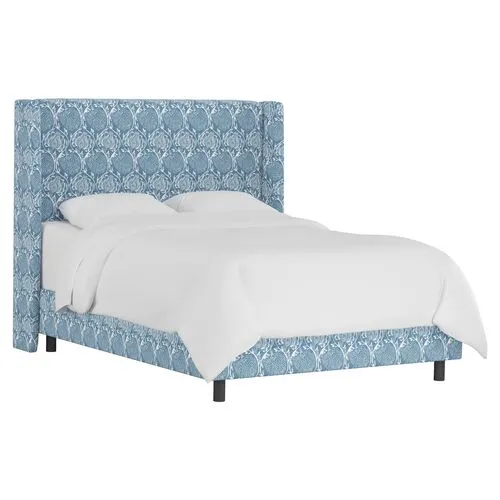 Kelly Wingback Bed - Ranjit Floral - Handcrafted - Blue, Mattress, Box Spring Required