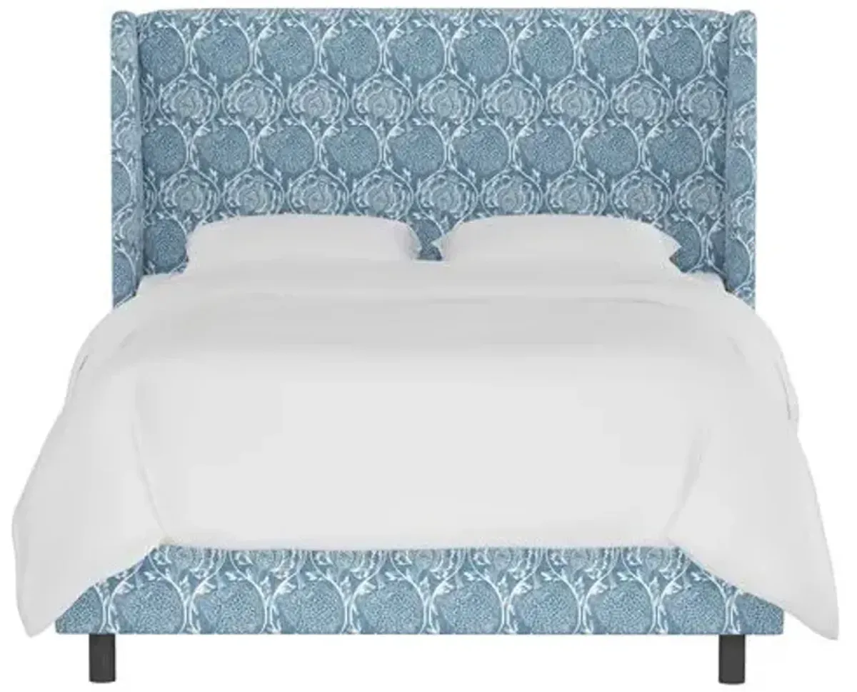 Kelly Wingback Bed - Ranjit Floral - Handcrafted - Blue, Mattress, Box Spring Required