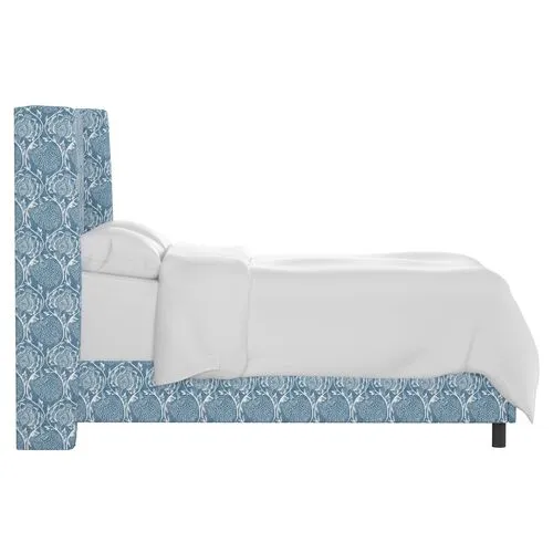 Kelly Wingback Bed - Ranjit Floral - Handcrafted - Blue, Mattress, Box Spring Required