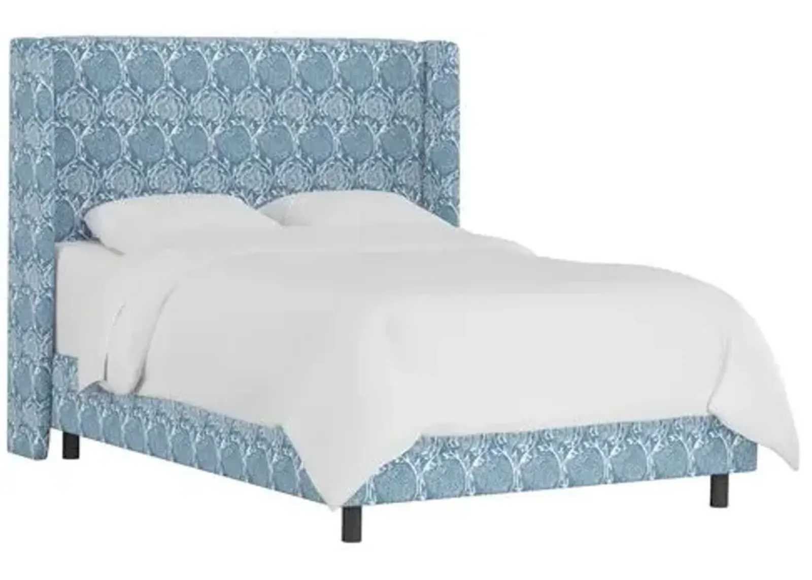 Kelly Wingback Bed - Ranjit Floral - Handcrafted - Blue, Mattress, Box Spring Required