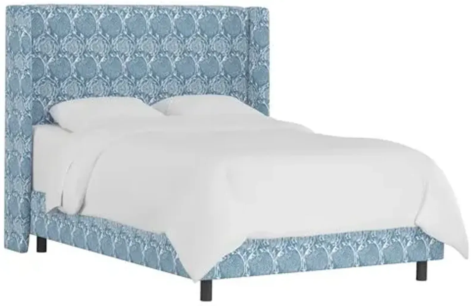 Kelly Wingback Bed - Ranjit Floral - Handcrafted - Blue, Mattress, Box Spring Required