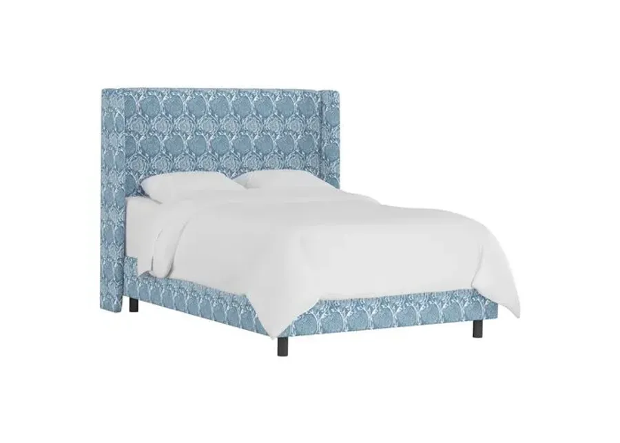 Kelly Wingback Bed - Ranjit Floral - Handcrafted - Blue, Mattress, Box Spring Required