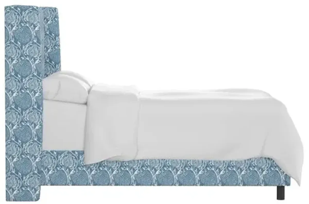 Kelly Wingback Bed - Ranjit Floral - Handcrafted - Blue, Mattress, Box Spring Required