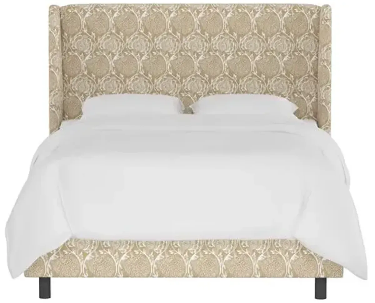 Kelly Wingback Bed - Ranjit Floral - Handcrafted - Beige, Mattress, Box Spring Required