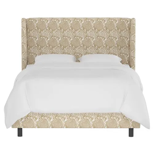 Kelly Wingback Bed - Ranjit Floral - Handcrafted - Beige, Mattress, Box Spring Required