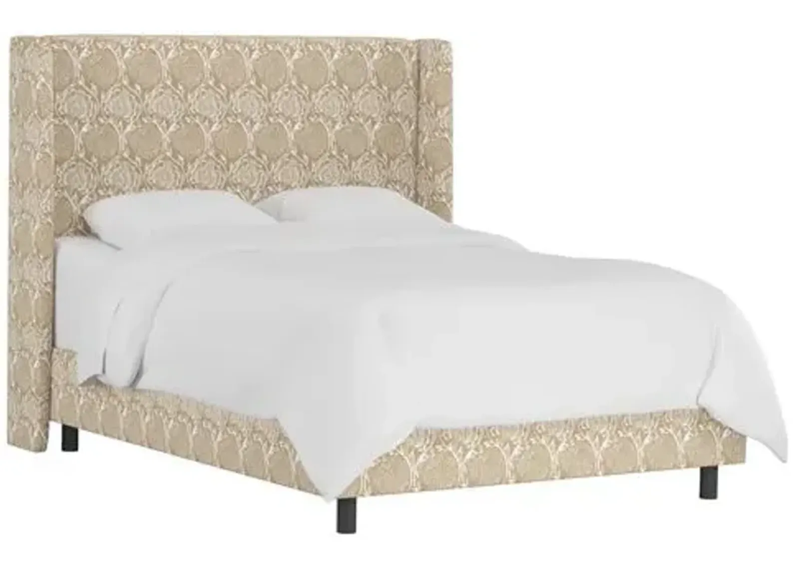 Kelly Wingback Bed - Ranjit Floral - Handcrafted - Beige, Mattress, Box Spring Required