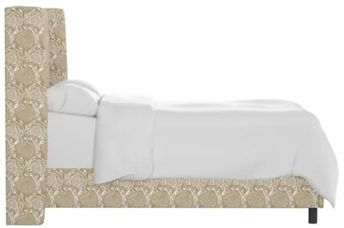 Kelly Wingback Bed - Ranjit Floral - Handcrafted - Beige, Mattress, Box Spring Required