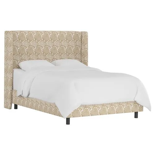 Kelly Wingback Bed - Ranjit Floral - Handcrafted - Beige, Mattress, Box Spring Required